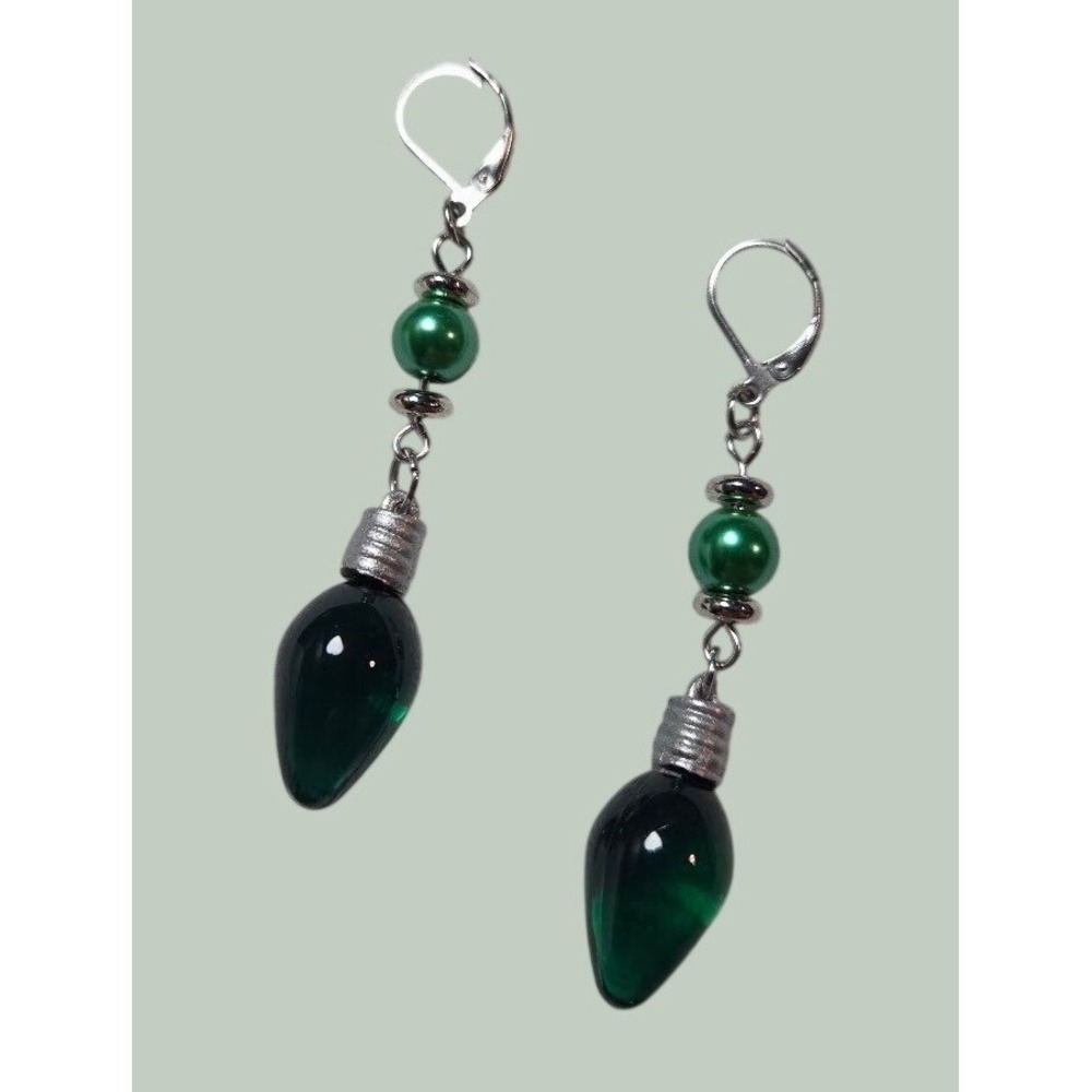 Handmade Earrings Green Christmas Light Bulb Drop Dangle Leverback Festive